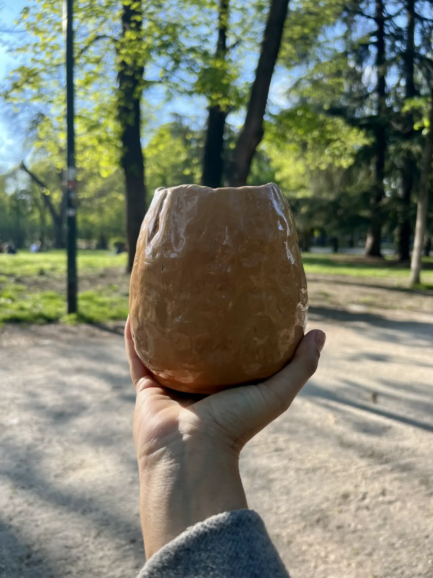 Mano che regge un vaso di ceramica artigianale dalla superficie irregolare e lucida, sfondo di parco sfocato.